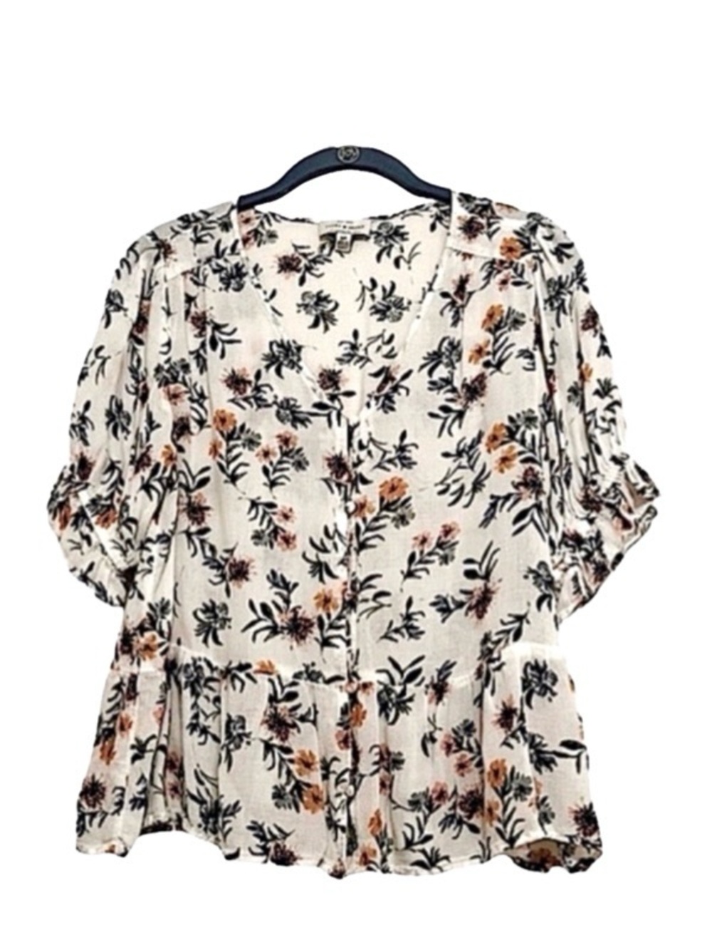 Lucky Brand Ruffle Hem Blouse Floral Puff Sleeve V-neck Cream Green Gold Size S